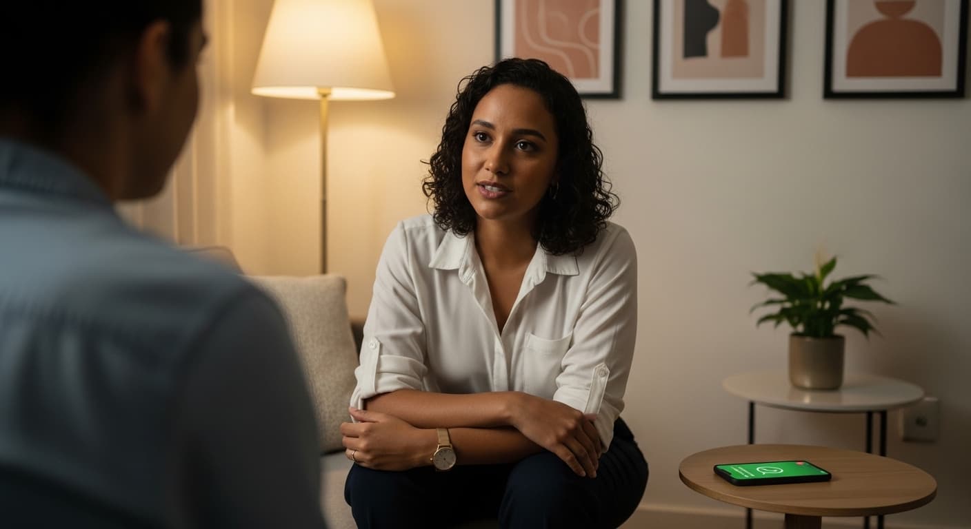 Profissional de saúde brasileiro atendendo paciente em consultório enquanto agente de IA responde mensagens no WhatsApp automaticamente