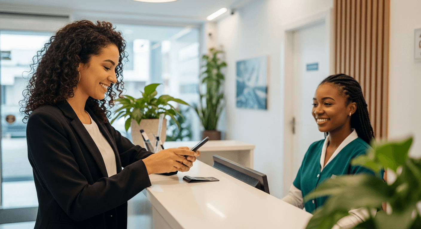 Paciente brasileira realizando pagamento recorrente pelo celular em recepção de clínica médica moderna