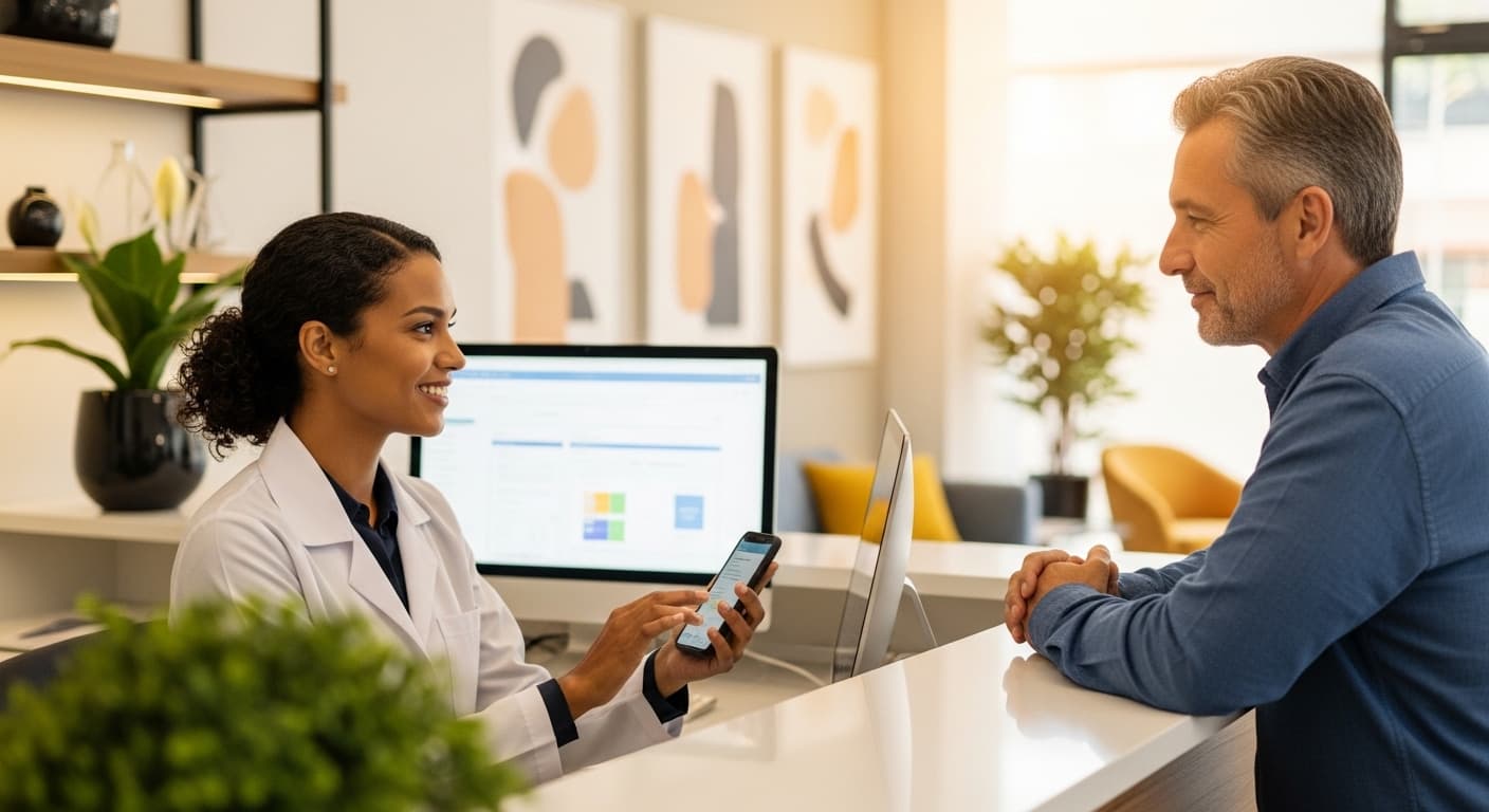 Secretária de clínica médica brasileira usando tablet para enviar link de cobrança digital ao paciente, com interface de pagamento online na tela