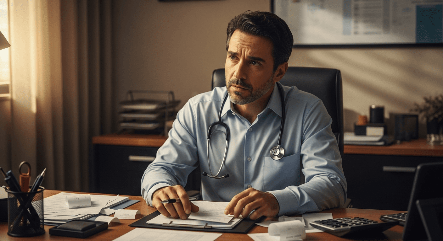 Gestor de clínica médica brasileira analisando relatórios financeiros em tela de computador com expressão preocupada