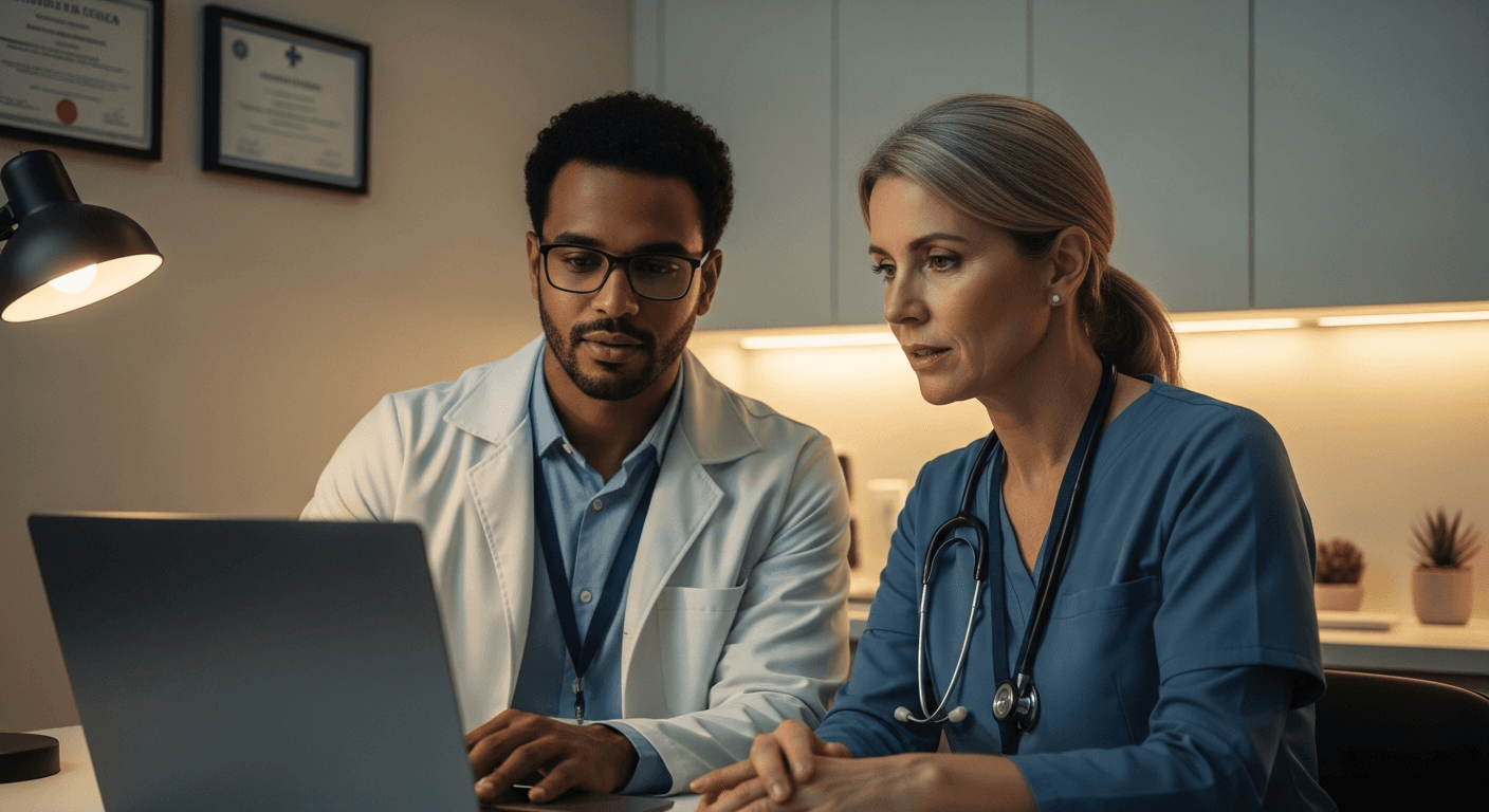 Profissional de saúde brasileira verificando conformidade de segurança de dados em sistema digital de clínica