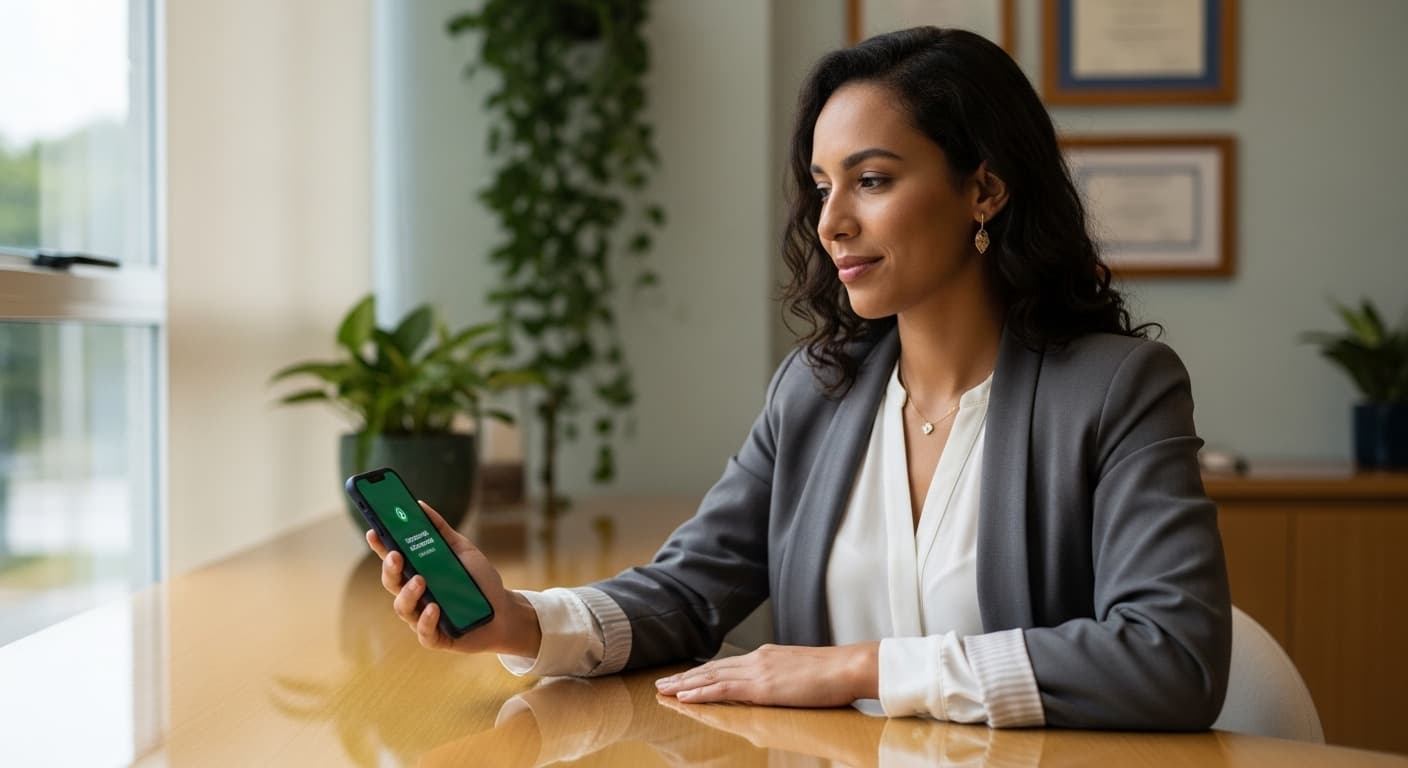 Profissional de saúde brasileira em consultório moderno verificando pagamentos recorrentes no celular com interface de PIX