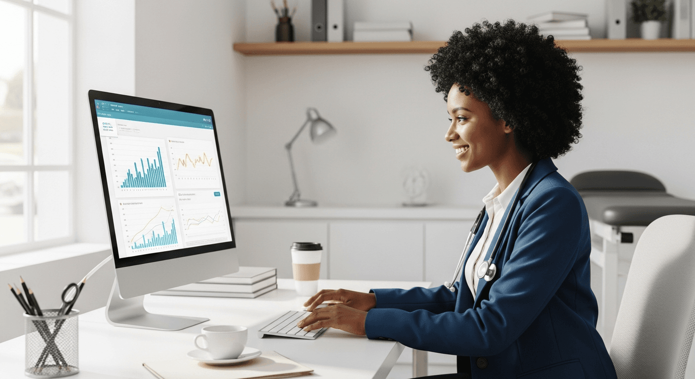 Dashboard financeiro de clínica médica brasileira mostrando redução na taxa de inadimplência com gráficos positivos