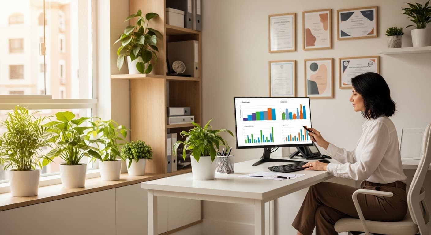 Gestora financeira de clínica médica brasileira revisando repasses automáticos em painel digital moderno com gráficos de distribuição de receita