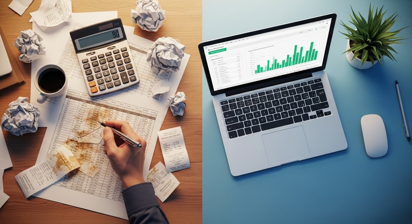 Comparação entre gestão manual com planilhas e dashboard automatizado de repasses para clínicas