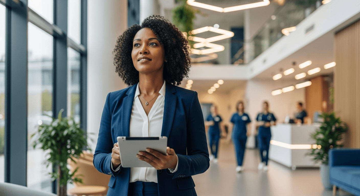 Gestora de clínica médica brasileira analisando tendências e projeções financeiras em tela digital moderna